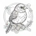 a finch wearing a top hot and a bowtie holding a d20 dice tattoo design idea