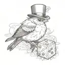 A finch, wearing a top hat and a bowtie, holding a d20 dice tattoo design idea