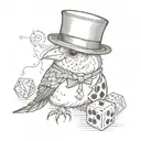 A finch, wearing a top hat and a bowtie, holding a d20 dice tattoo design idea