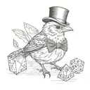 A finch, wearing a top hat and a bowtie, holding a d20 dice tattoo design idea