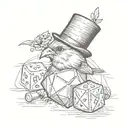 A finch, wearing a top hat and a bowtie, holding a d20 dice tattoo design idea
