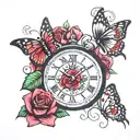 death date with roses and butterflies  tattoo design idea