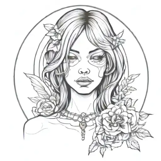 girl from album " nirvana - utero" cover, tattoo sketch in the style of dark, in black and white tattoo design idea