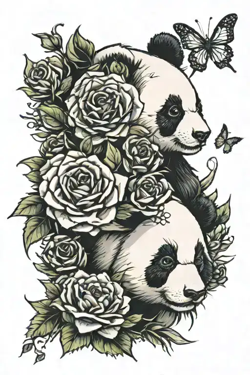 panda roses and butterflies   tattoo design idea