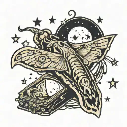 moth, moon, stars, coffin tattoo design idea