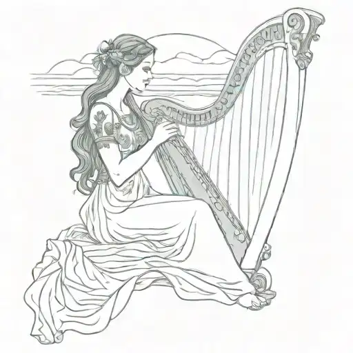  Irish woman kneeling while playing a harp. Her attire is long and flowing, over looking the sea cliffs  tattoo design idea