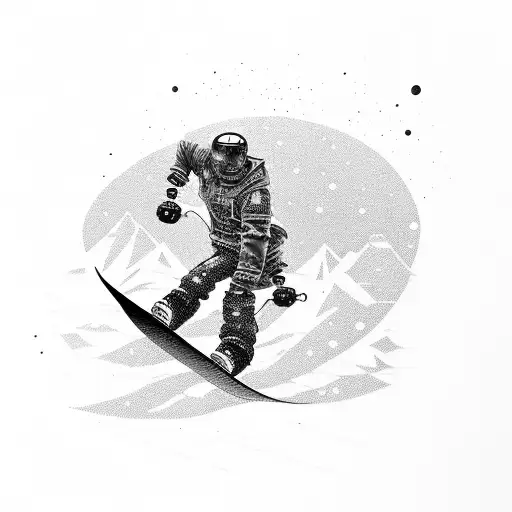 A cyberpunk-inspired snowboarding scene with vintage elements tattoo design idea
