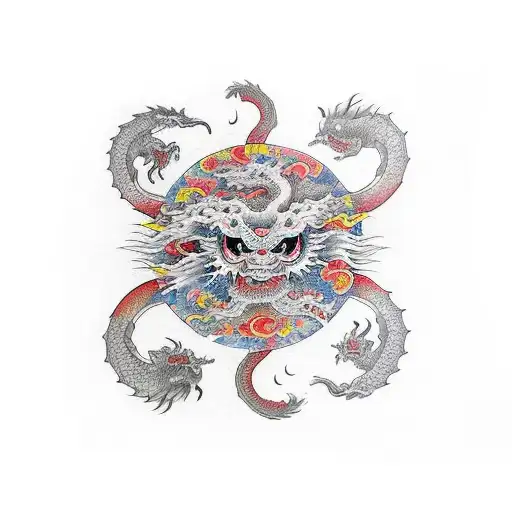 Dragon, sun, equinoxed earth with flowers arm sleeve tattoo design idea