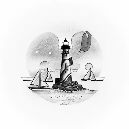 lighthouse in the distance at night guiding a ship tattoo design idea