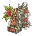 baby blocks vertically down the inside arm with the letters C A L E M  tattoo design idea