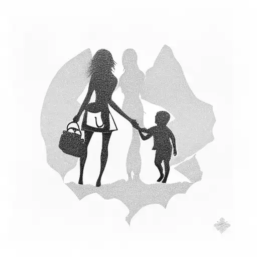 silhouette of mother with son and two daughters  tattoo design idea