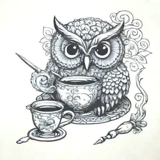 end table owl figurine book tea cup yarn ball crochet hook  tattoo design idea