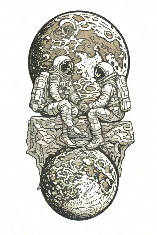 Two brothers sitting on the moon looking at earth  tattoo design idea