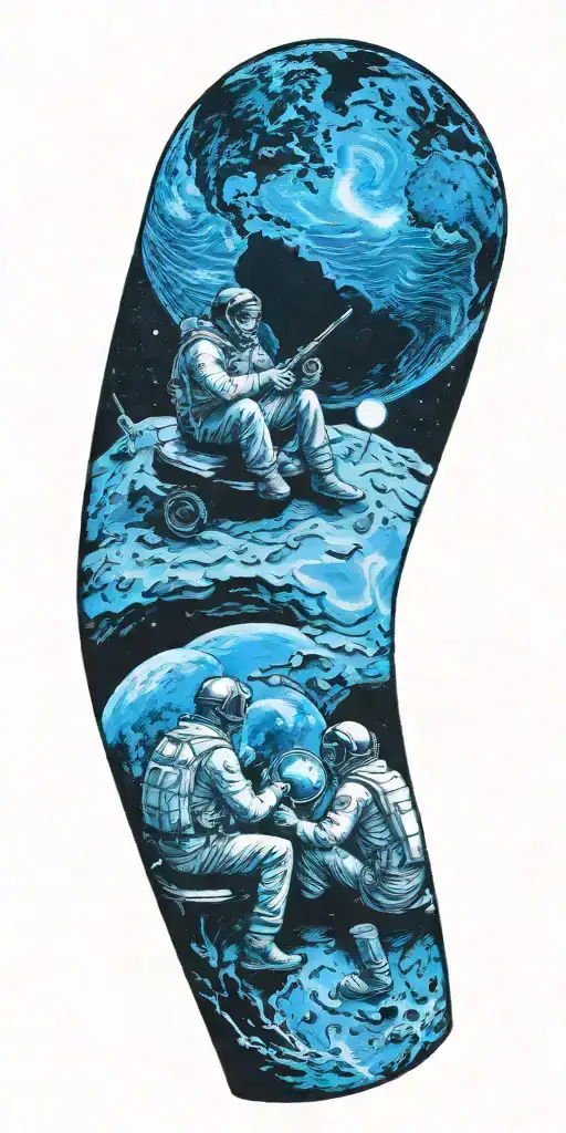 2 brothers sitting on the moon looking at earth globe music tattoo design idea