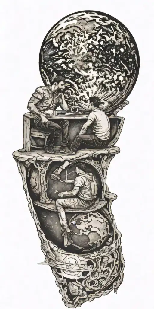 2 brothers sitting on the moon looking at earth globe double helix tattoo design idea