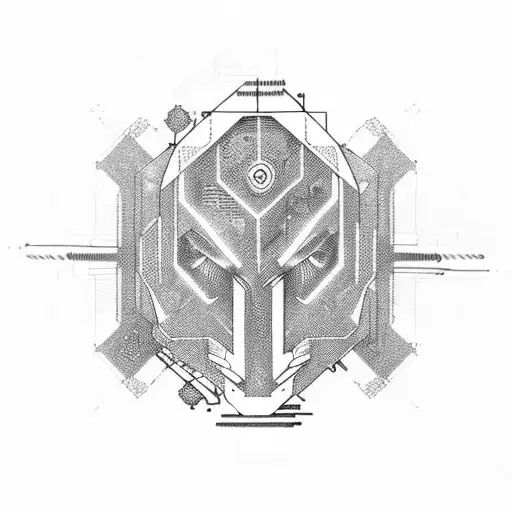 cyberpunk, geometric, mechanical, futuristic, thick lines, dark black, industrial tattoo design idea