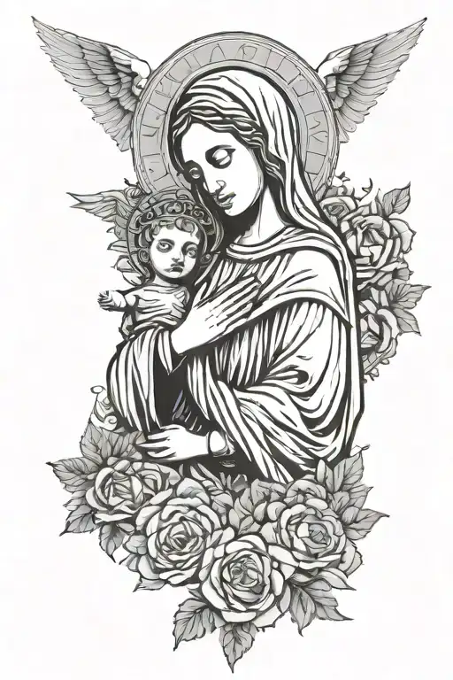 XDVR written in gradient style with only black outlines and the Madonna of Milan underneath with the light around tattoo design idea