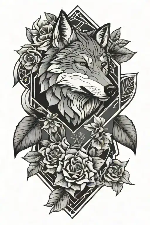 geometric wolf, moon, lawyer, margarita flowers,  tattoo design idea