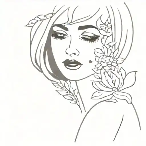 flapper girl 1960s face and hands with flowers  tattoo design idea