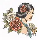 1950s flapper girl, elegant face with flowers tattoo design idea