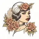 1950s flapper girl, elegant face with flowers tattoo design idea