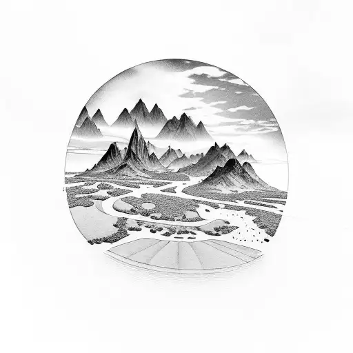 A mystical desert oasis surrounded by towering mountains tattoo design idea