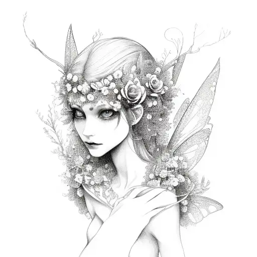faerie with flowers arm sleeve tattoo design idea