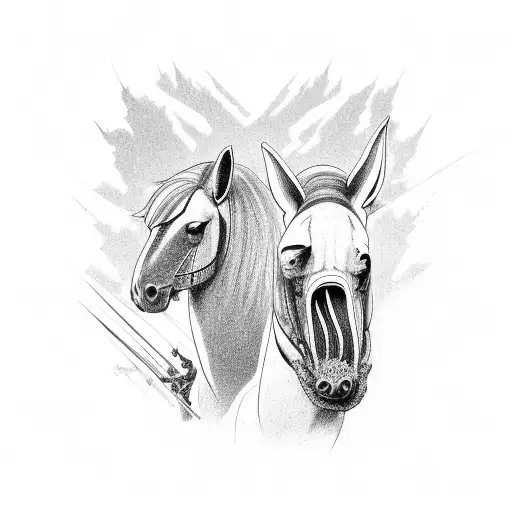 multiple horses, side view, armoured warthog riders, going into battle tattoo design idea
