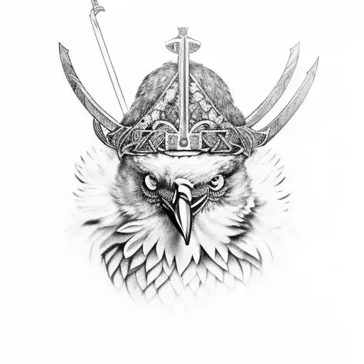 black raven pearched on a viking sword surrounded by flowers tattoo design idea