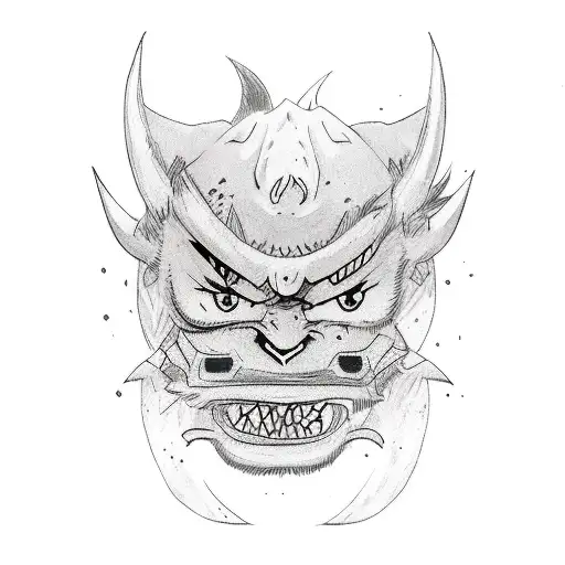 sexy lady taking her shirt off with an oni tatto on her chest tattoo design idea