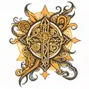 sun rays behind a cross connected to tribal symbols tattoo design idea