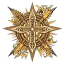 sun rays behind a cross connected to tribal symbols tattoo design idea