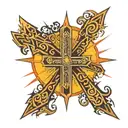 sun rays behind a cross connected to tribal symbols tattoo design idea