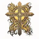 sun rays behind a cross connected to tribal symbols tattoo design idea