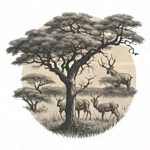 A tattoo of a majestic kudu standing proudly under the shade of a baobab tree in the African bush tattoo design idea