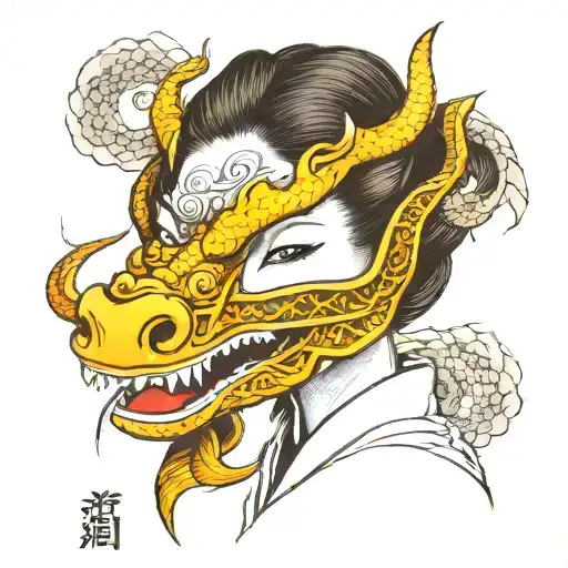 Japanese girl with dragon mask tattoo design idea