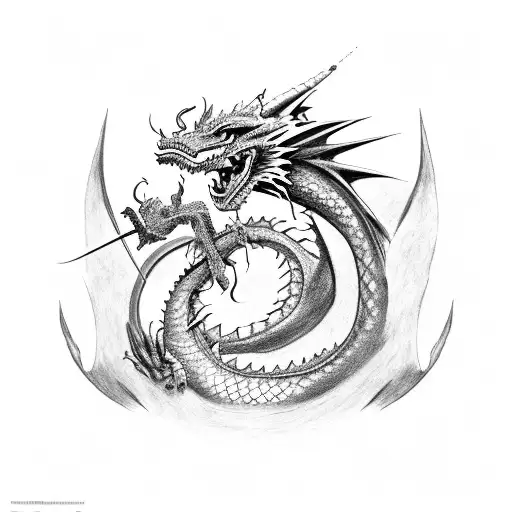 a dragon littered with the scars of battle all over its body and a semicolon for a pupil tattoo design idea