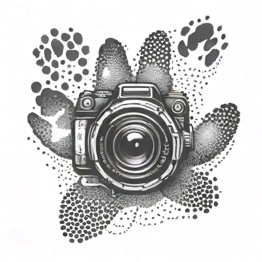 A minimalist tattoo of a dog paw print with a camera shutter in the center, representing the client's dedication to both their pet and photography tattoo design idea