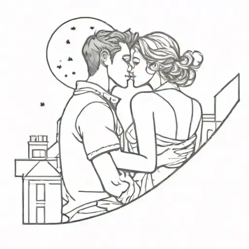 a couple kissing on a rooftop at night tattoo design idea