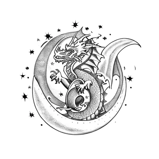 A dragon breathing fire, surrounded by stars and a crescent moon tattoo design idea