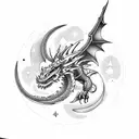 A dragon breathing fire, surrounded by stars and a crescent moon tattoo design idea