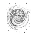 A dragon breathing fire, surrounded by stars and a crescent moon tattoo design idea