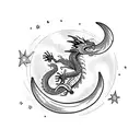 A dragon breathing fire, surrounded by stars and a crescent moon tattoo design idea