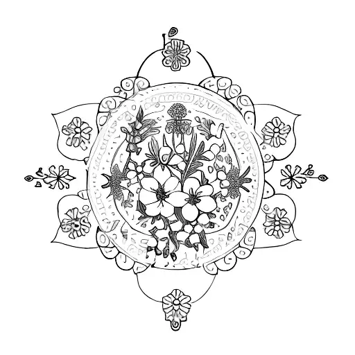 floral neda symbol with snow piercers, lily of the valley and petunias  tattoo design idea