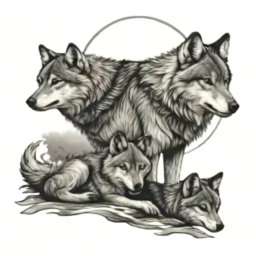 wolf family under moonlight shining tattoo design idea
