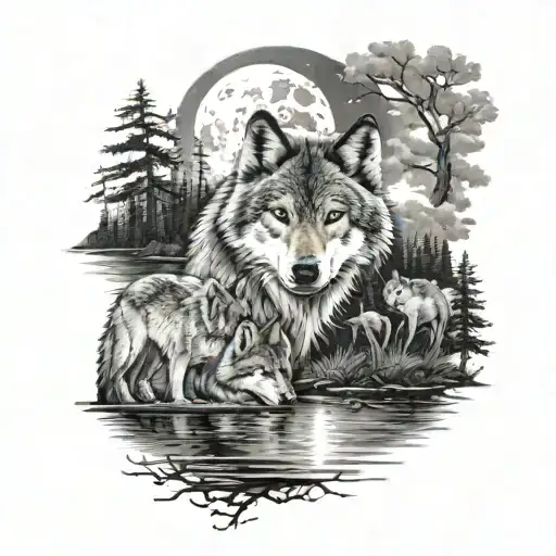wolf family under moonlight lake scene tattoo design idea