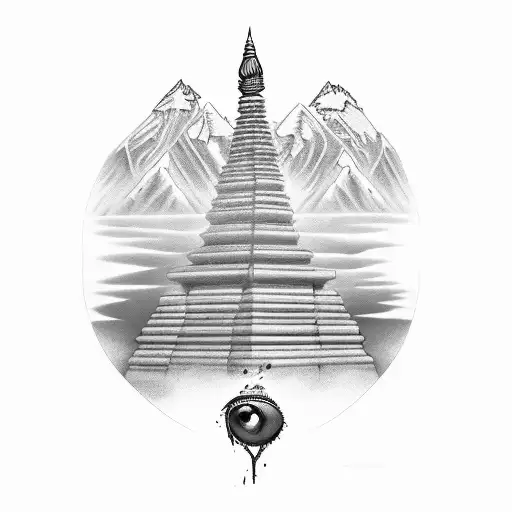 Include Lophophorus,kukri,buddha eye,hindu temple inside mount everest tattoo design idea