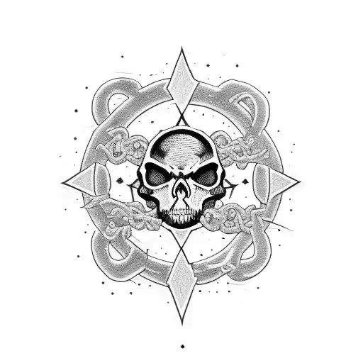 Chaos Symbol with the number 933 in the middle, and some little skulls tattoo design idea