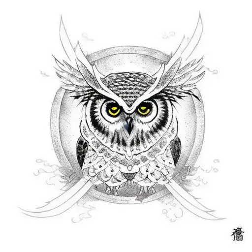 An owl perched on top of a chaos symbol, surrounded by gothic elements tattoo design idea
