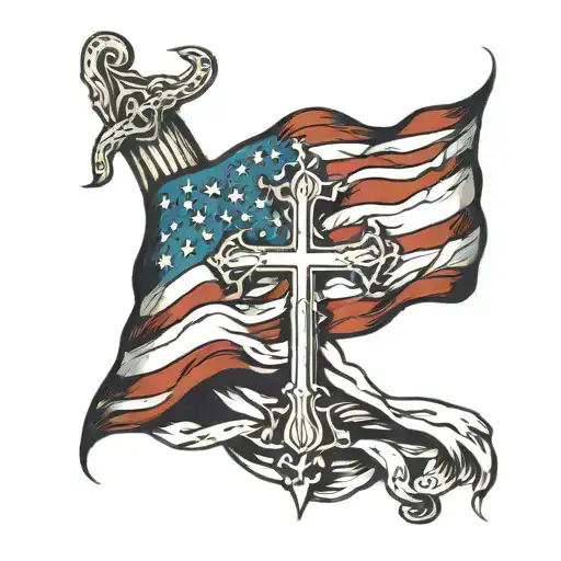 Cross and American flag waving tattoo design idea